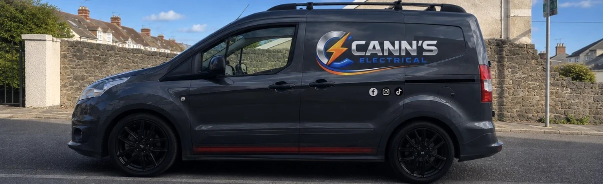 The signwritten Cann's Electrical van parked on a residential street in Cardiff